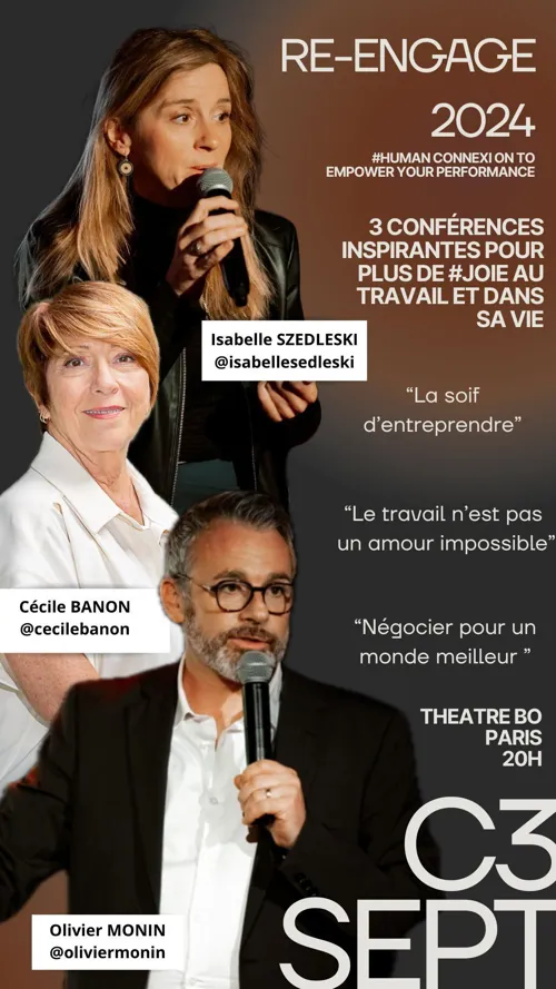 Affiche de Conférence re-engage 2024 : 3 conférenciers inspirants pour plus de joie au travail