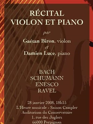 Affiche de Récital de violon et piano. Gaétan Biron et Damien Luce