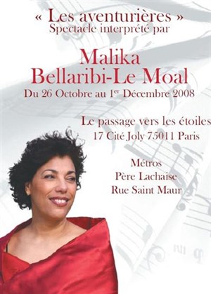 Affiche de Les Aventurières, spectacle interprété par Malika Bellaribi-Le Moal