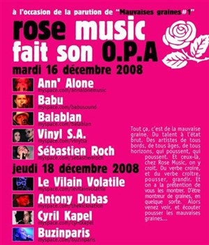 Affiche de Rose Music présente Mauvaises Graines #1 (Part I) - Ann'alone – Babu – Balablan – Vinyl S.A – Sébastien Roch