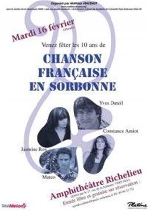Affiche de Yves Duteil, Jasmine Roy, Constance Amiot et Matéo pour les 10 ans de Chanson Française en Sorbonne