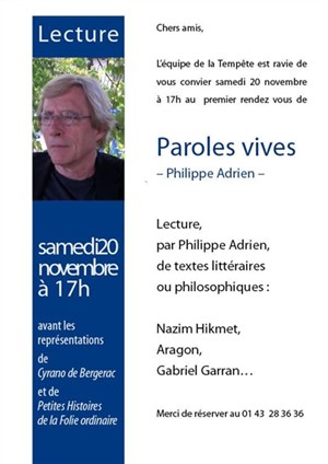 Affiche de Paroles vives - lecture par Philippe Adrien