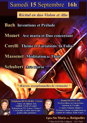 Affiche de Récital en duo Violon et Alto : Bach, Mozart, Corelli, Massenet, Schubert